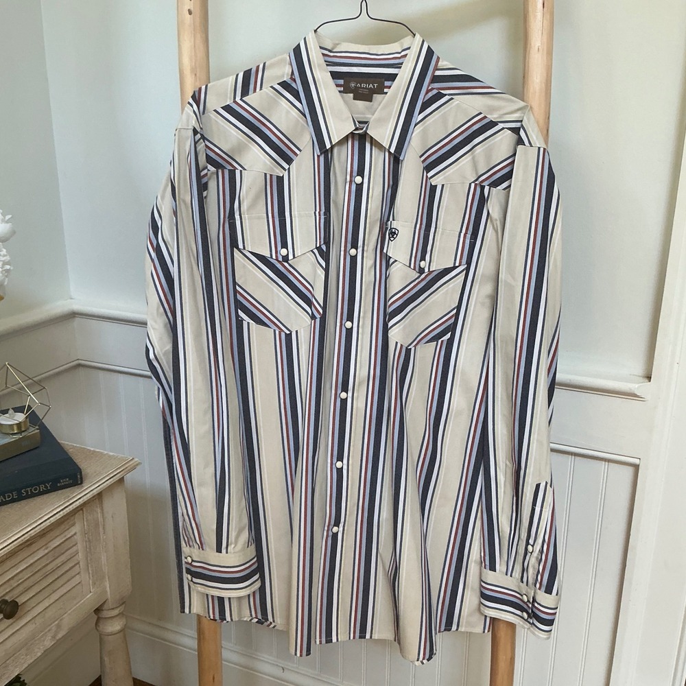 Ariat Mens XL Western Pearl Snap Shirt Long Sleeve Striped Cotton Tan Navy Red